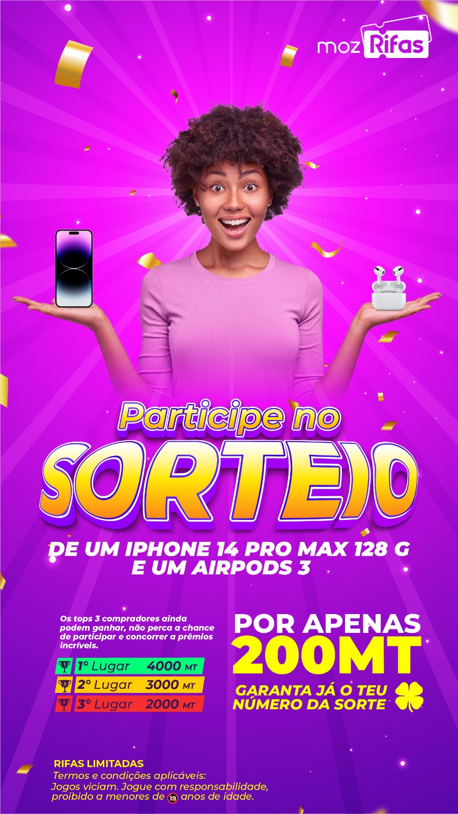 MozRifas sorteia Iphone 14 Pro Max e Airpods3 – Tu pode ser o vencedor!